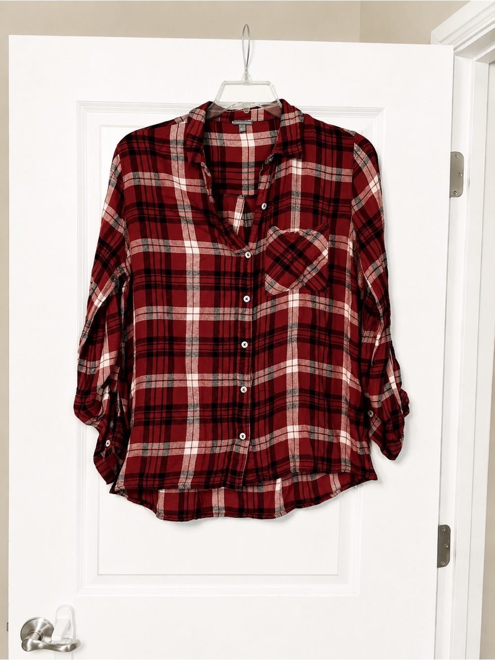 Charlotte Russe Burgundy Plaid Roll-Tab Button-Down Shirt